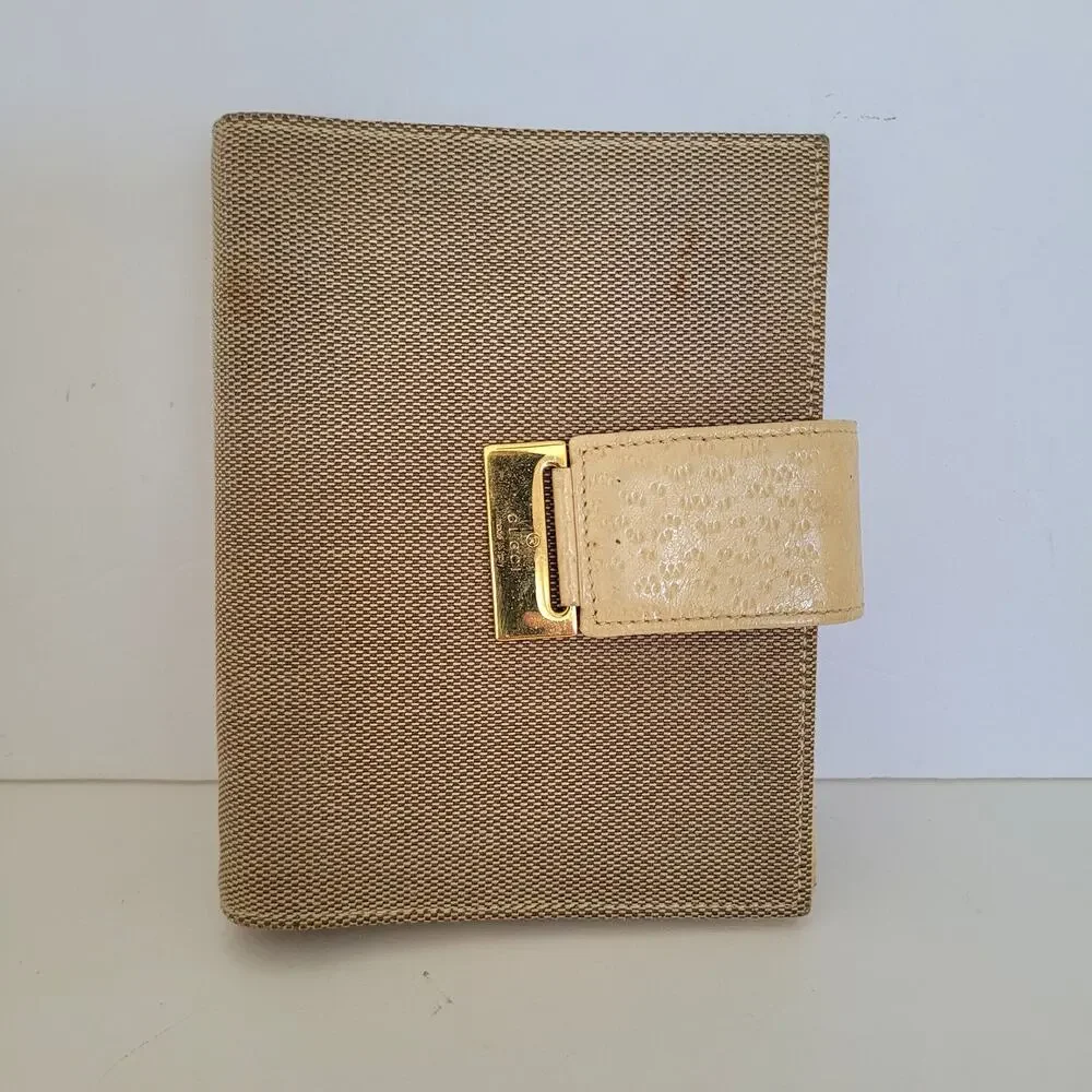 Vintage Gucci Monogram‎ Canvas Leather Ring Agenda Planner Pen Case Italy